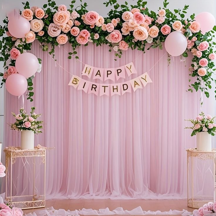 Temu｜2pcs Elegant Pink Tulle Backdrop With Floral & - Weddings, Birthdays, Photo Shoots, And Parties - 158x300cm, Polyester Material, Event Backdrop _ Floral Decor _ Durable Polyester, Birthday Party Decora